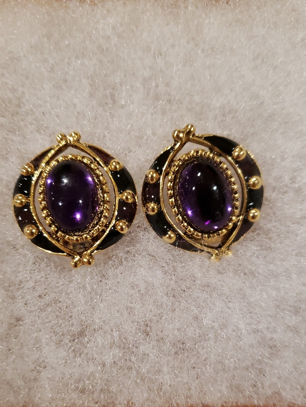 Vintage Purple Cabochon Clip Earrings in a Gold Tone Setting with Black